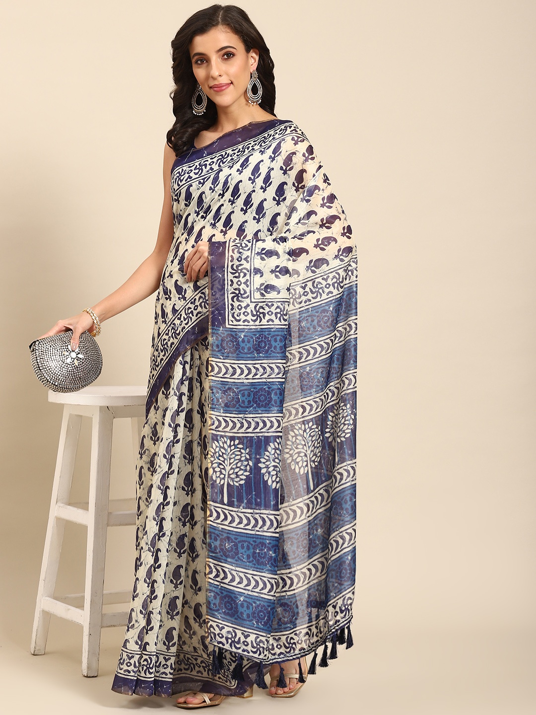 

Silk Land Dabu Bagh Digital Print Saree, Beige