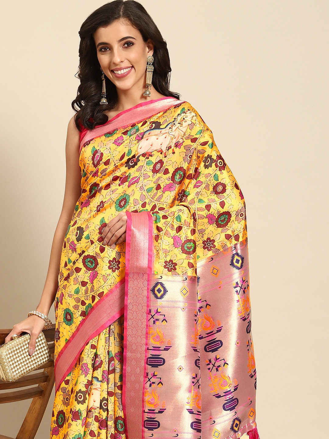 

Silk Land Kalamkari Kanjeewaram Art Silk Zari Woven Digital Print saree, Yellow