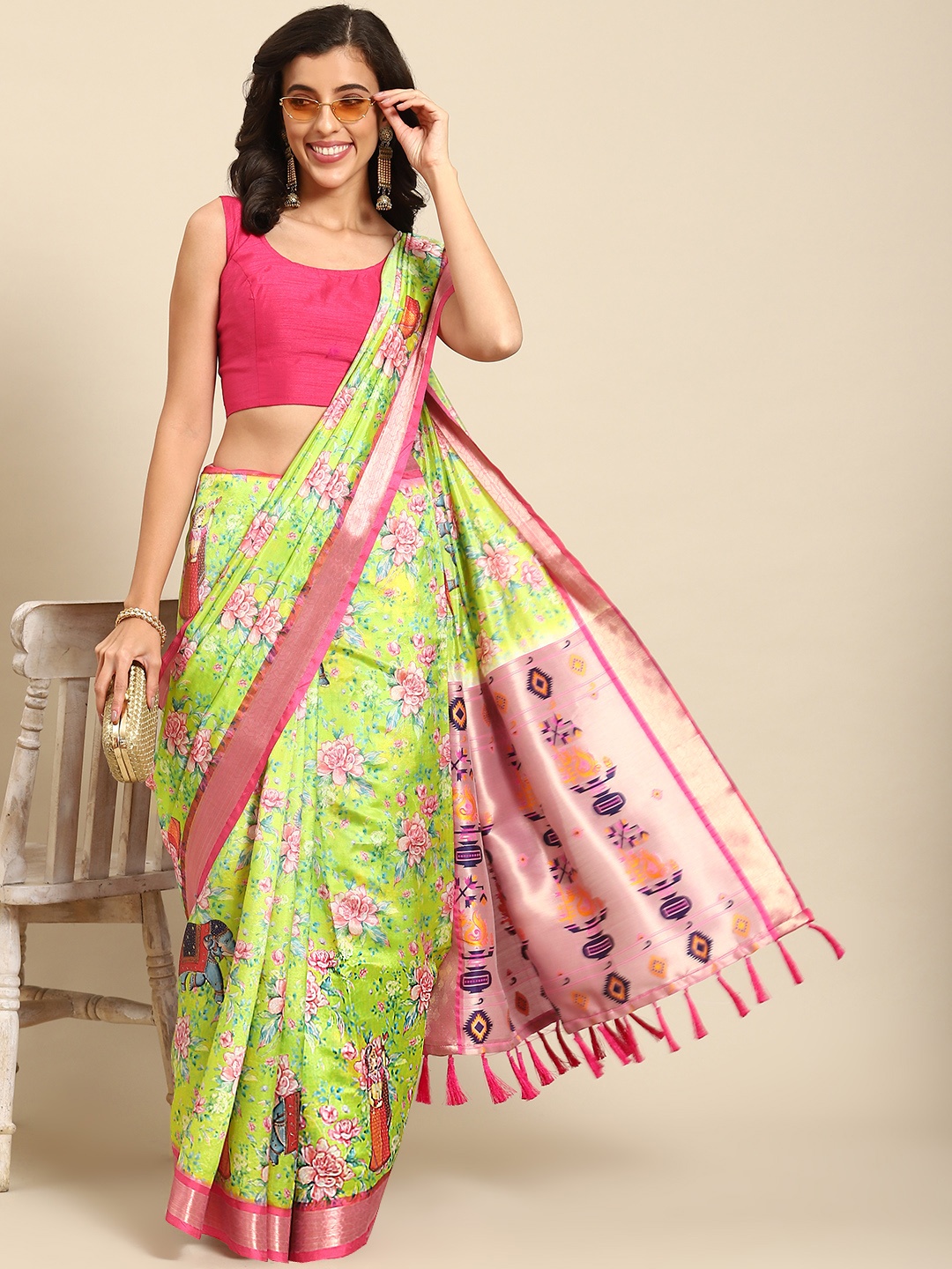 

Silk Land Kalamkari Zari Art Silk Kanjeevaram Saree, Green