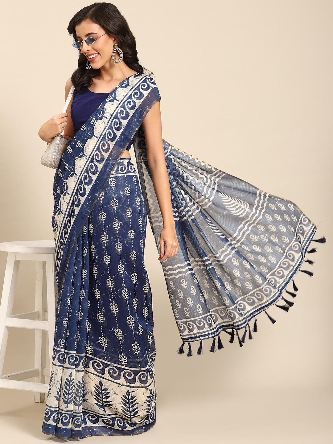 

Silk Land Dabu Bagh Indigo Saree, Blue