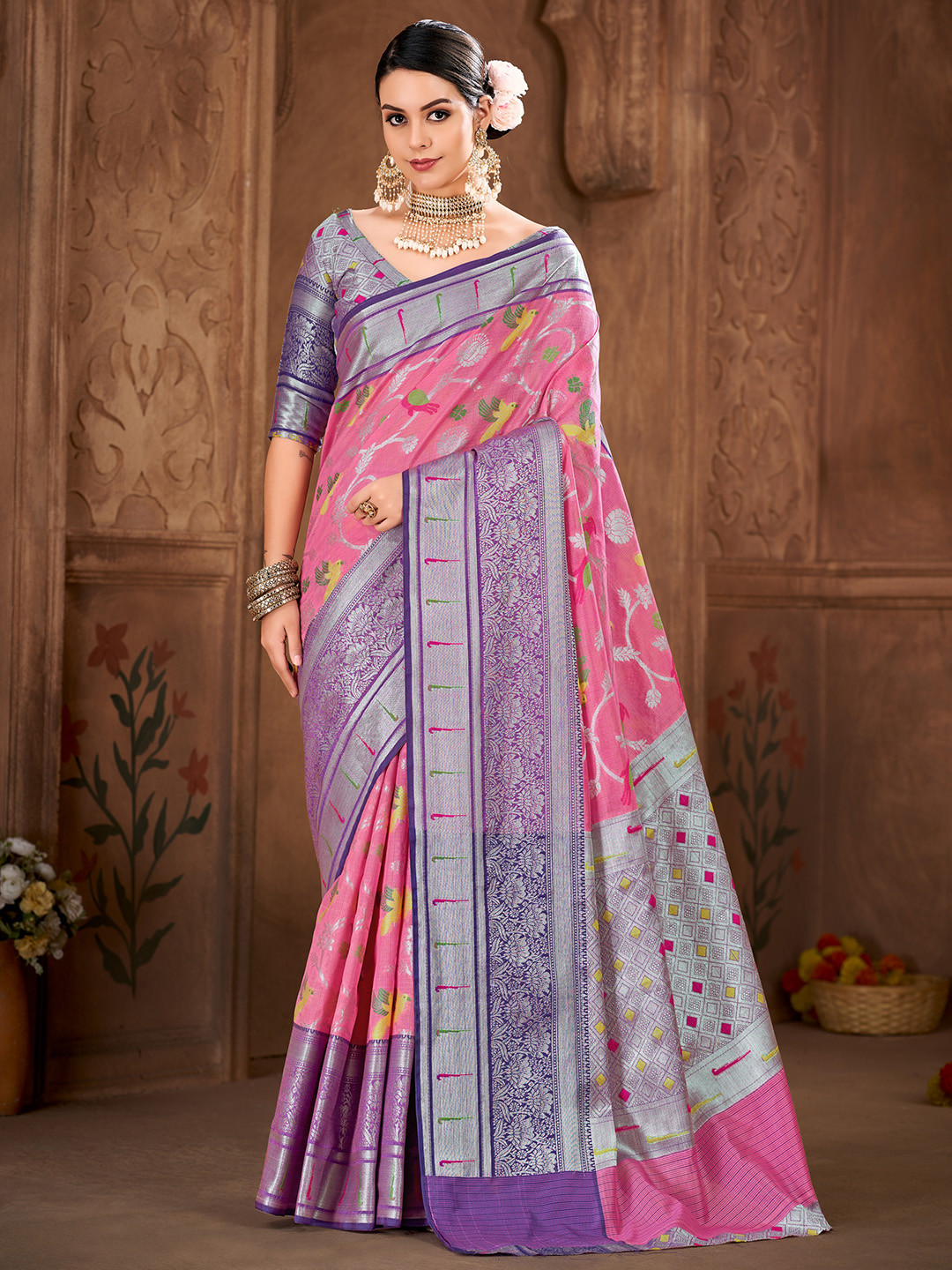 

Silk Land Floral Zari Art Silk Kanjeevaram Saree, Pink