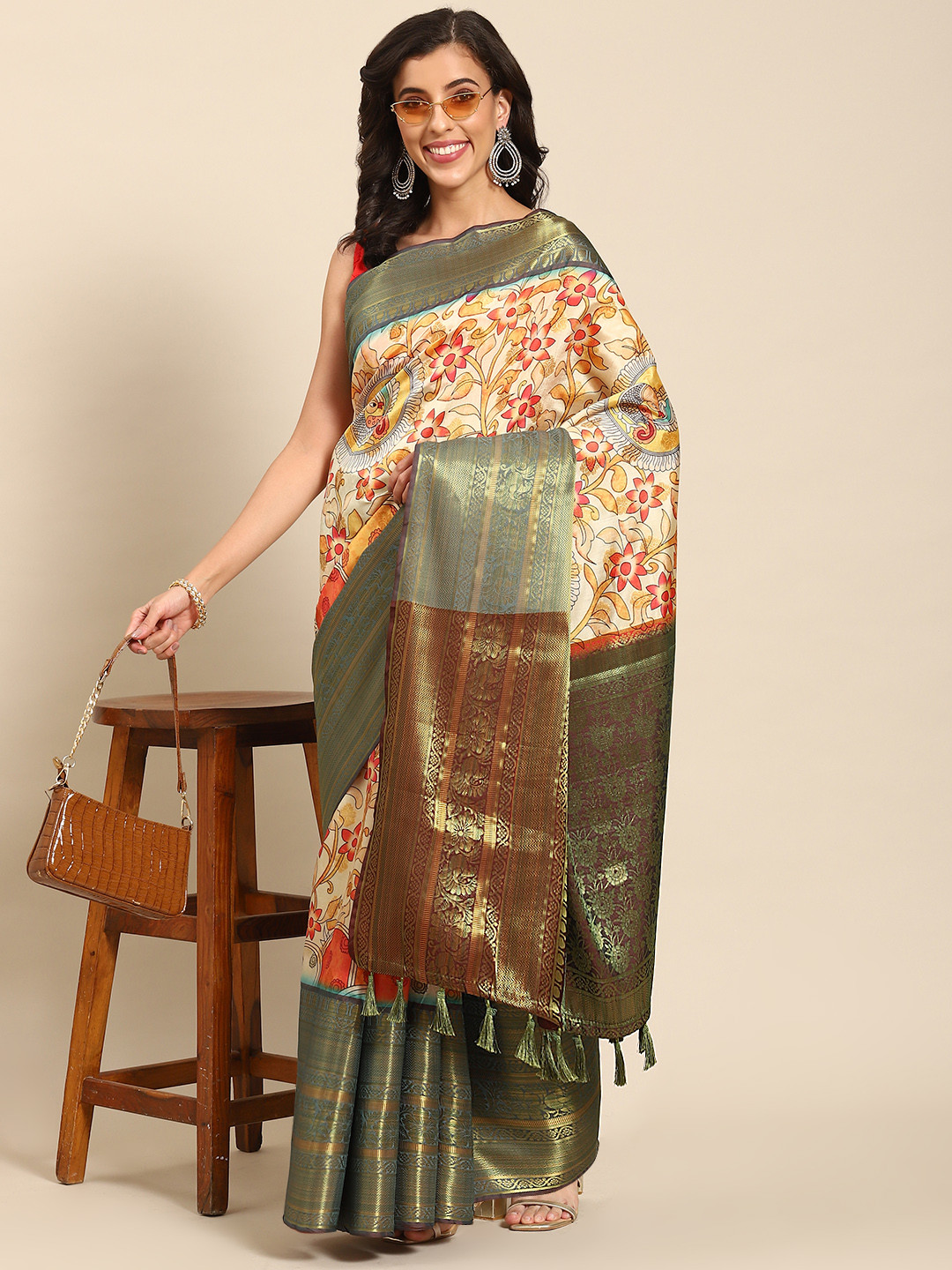

Silk Land Kalamkari Zari Art Silk Kanjeevaram Saree, Beige