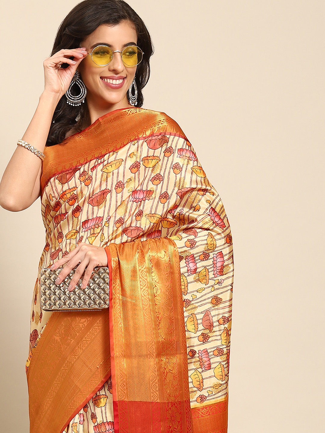 

Silk Land Kalamkari Kanjeevaram Art Silk Digital Print Saree, Beige