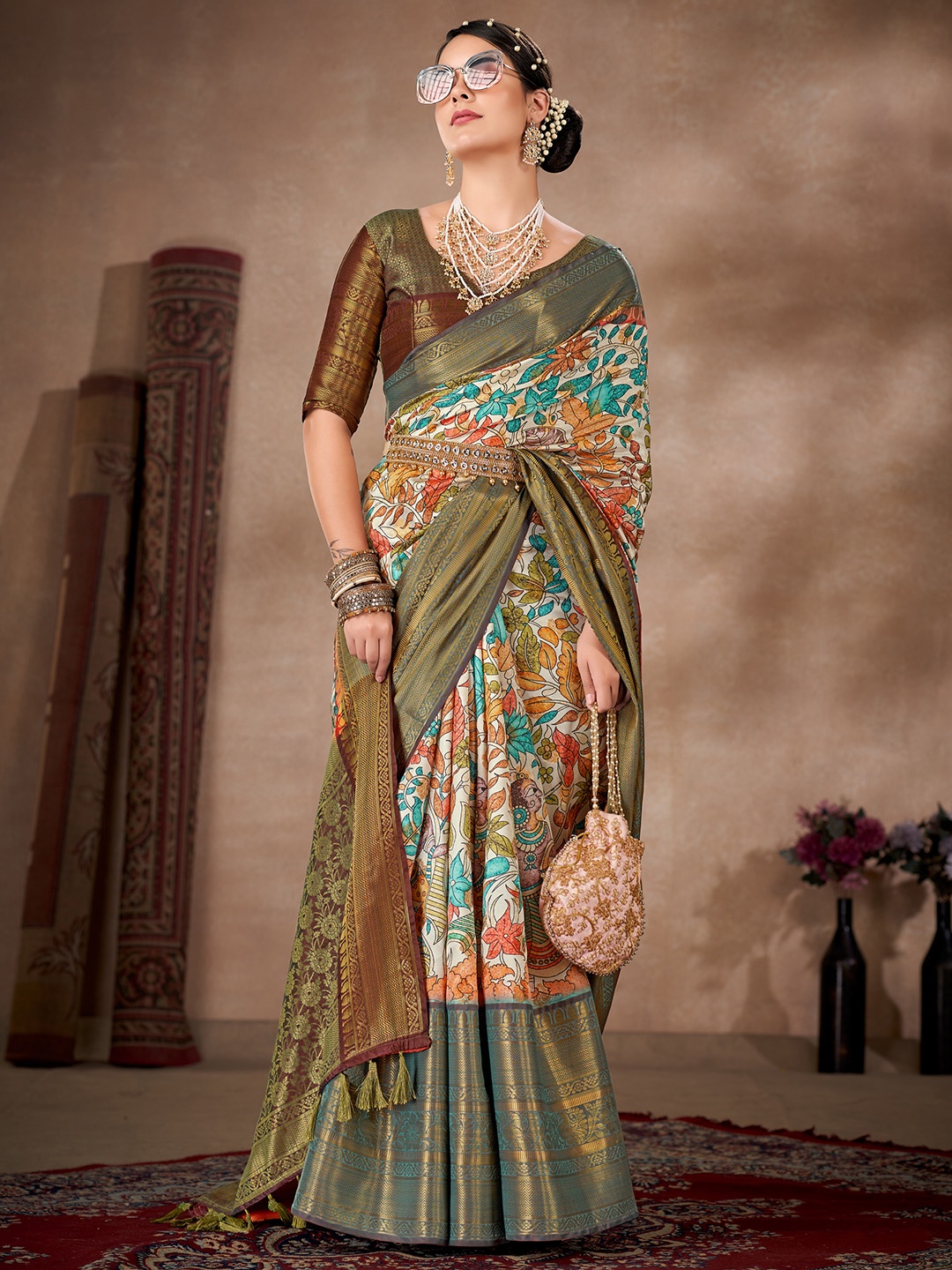

Silk Land Kalamkari Zari Art Silk Kanjeevaram Saree, Beige