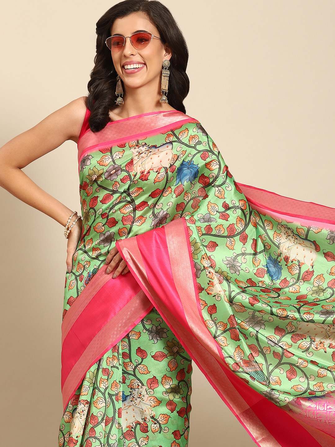 

Silk Land Kalamkari Zari Art Silk Kanjeevaram Saree, Green