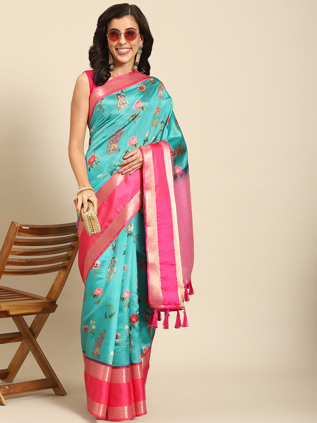 

Silk Land Kalamkari Kanjeewaram Art Silk Zari Woven Digital Print saree, Turquoise blue