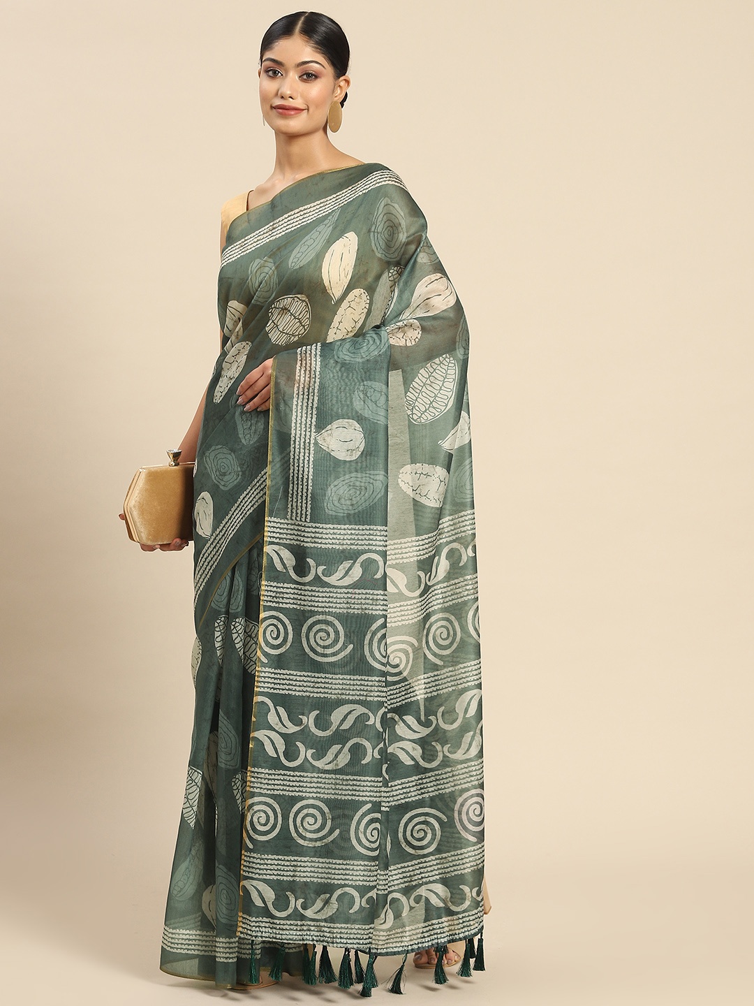 

Silk Land Dabu Saree, Green