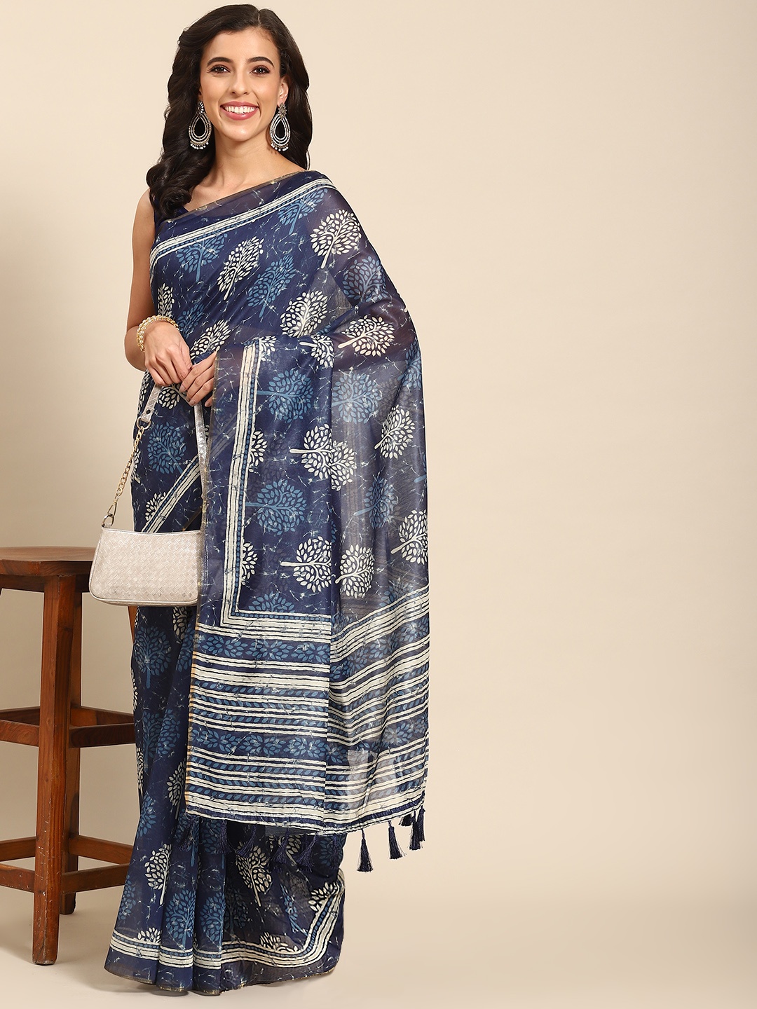 

Silk Land Dabu Block Print Indigo Digital Print Saree, Blue