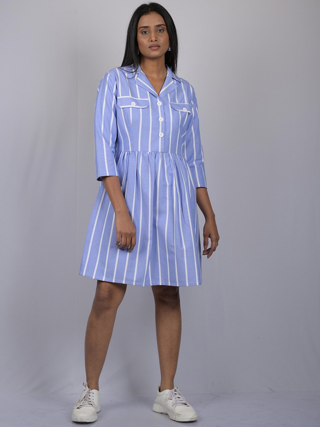 

OWO THE LABEL Blue & White Striped Print Cotton Shirt Dress
