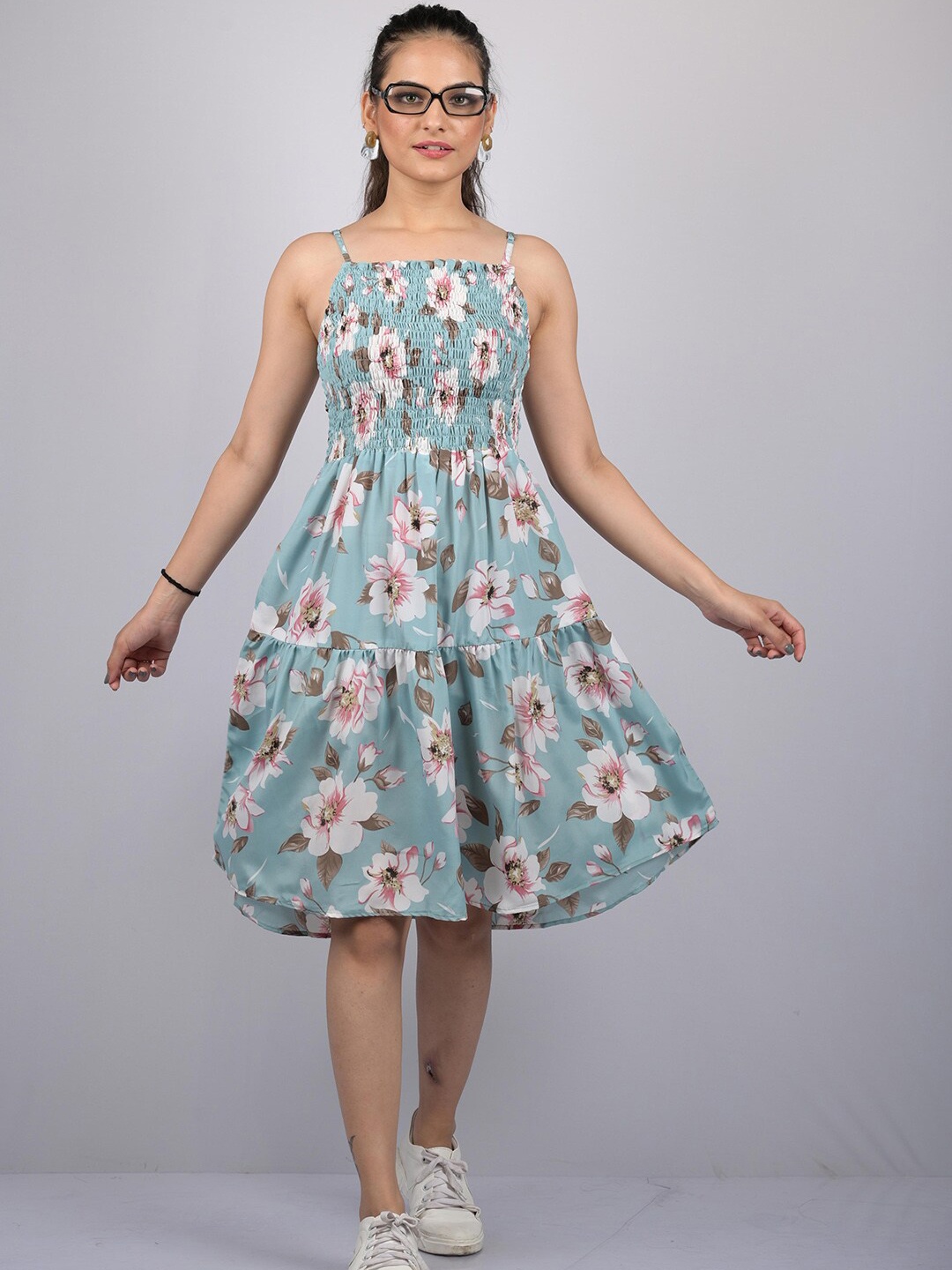 

OWO THE LABEL Sea Green & Off White Floral Print Fit & Flare Cotton Dress