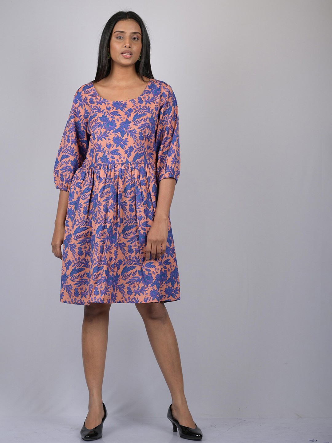 

OWO THE LABEL Pink & Blue Floral Print Fit & Flare Cotton Dress