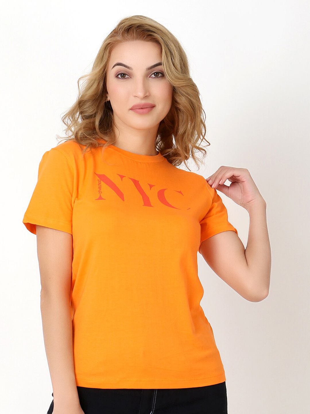 

Again fashions Women Mustard Yellow Typography Printed Cotton T-shirt