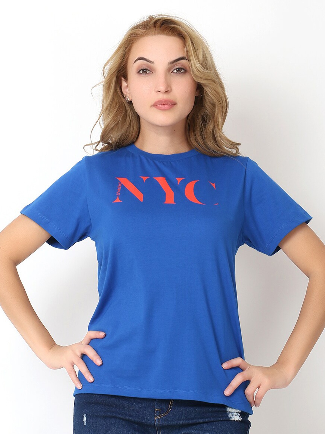 

Again fashions Women Blue Typography Printed Cotton T-shirt