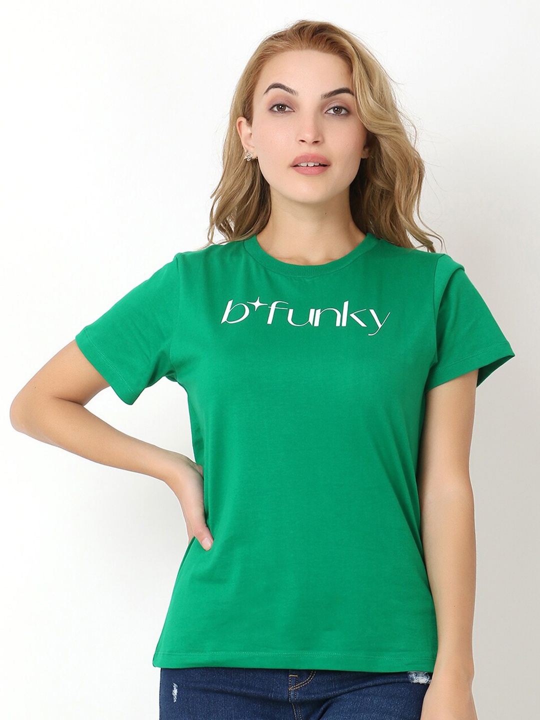 

Again fashions Women Green Typography Printed Cotton T-shirt
