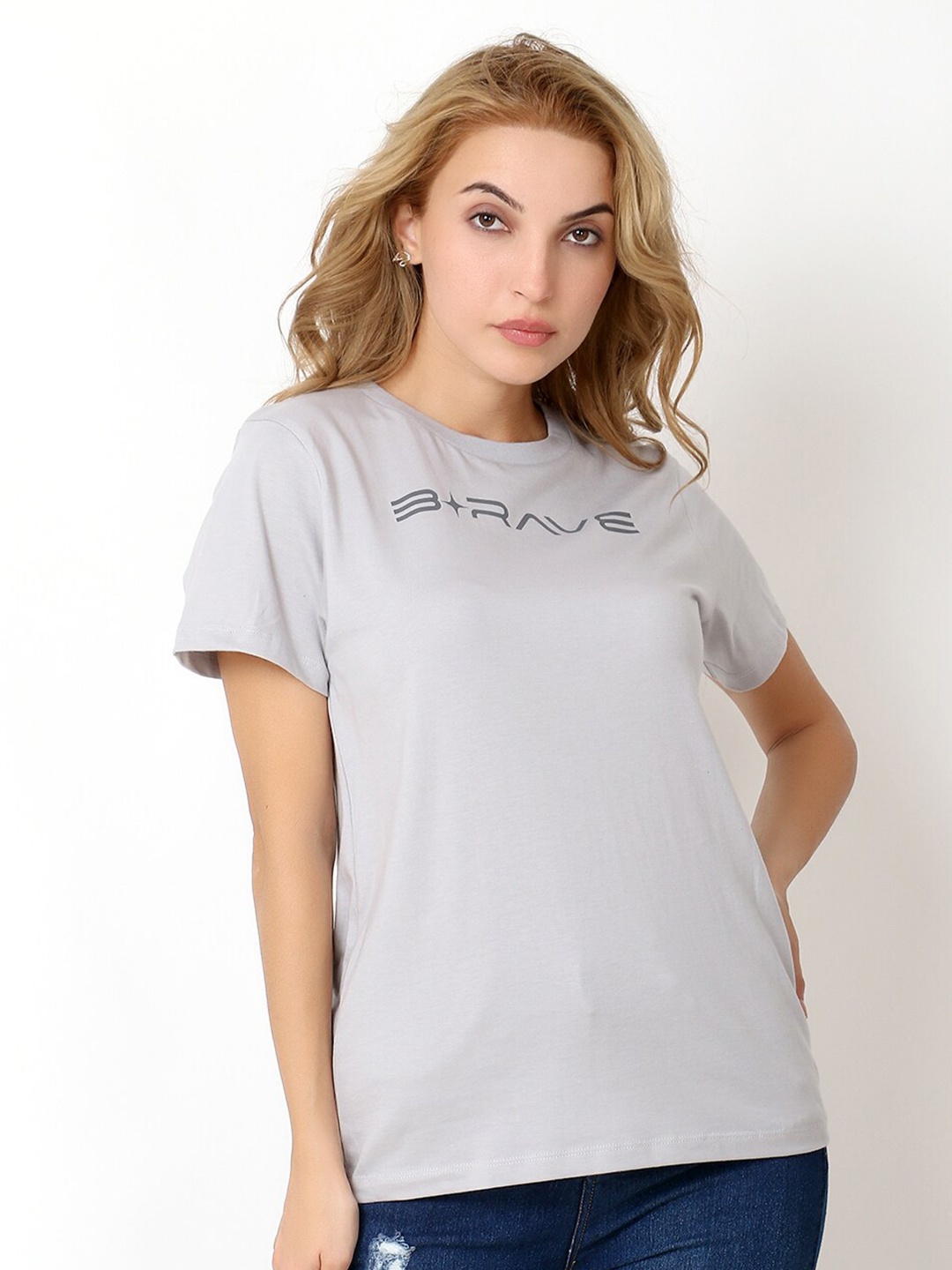 

Again fashions Women Grey Typography Printed Cotton T-shirt