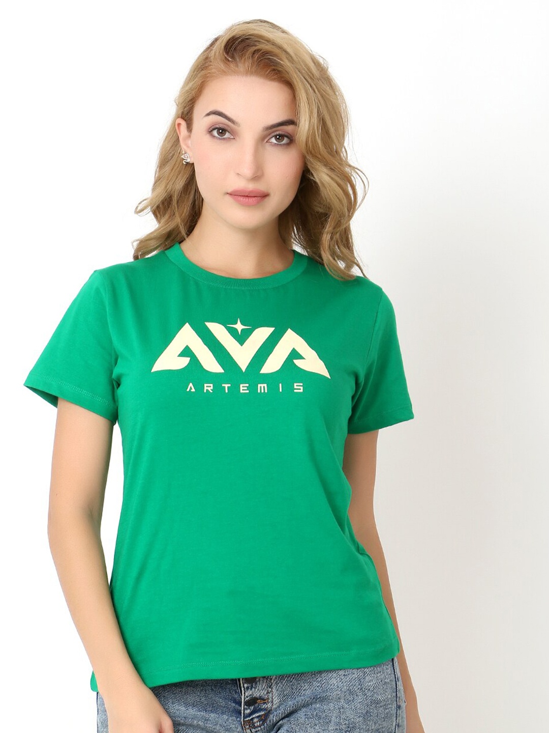 

Again fashions Women Green Typography Printed Cotton T-shirt