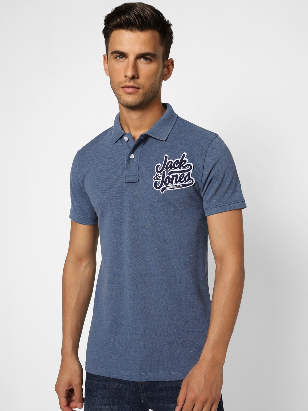 

Jack & Jones Men Blue Typography Printed Polo Collar Cotton Slim Fit T-shirt