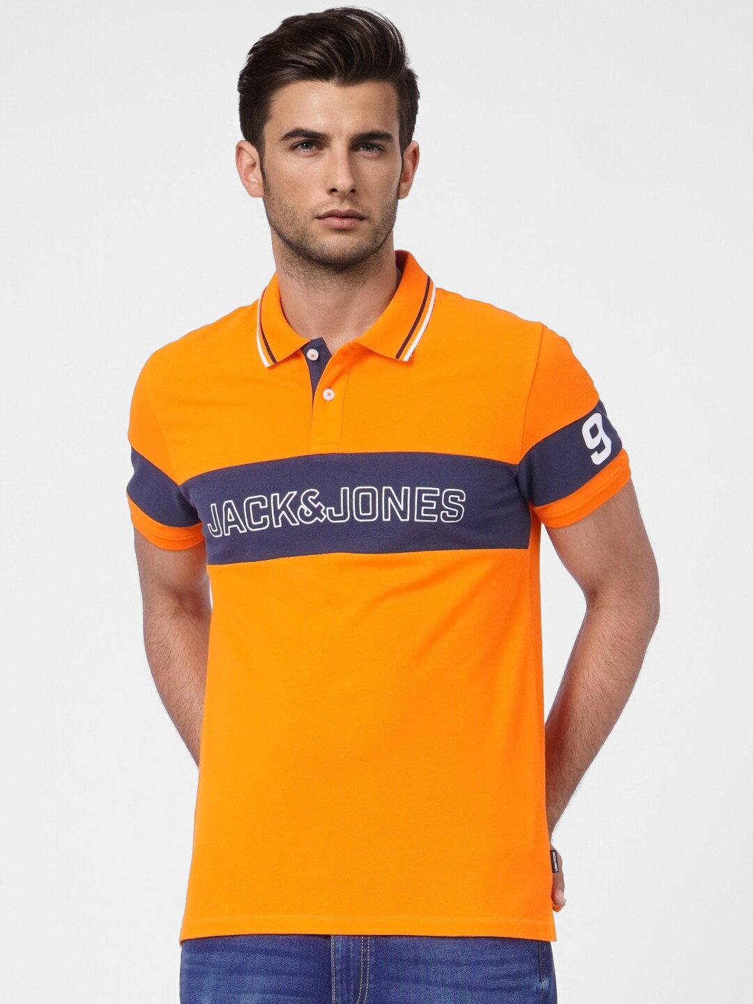 

Jack & Jones Men Orange Colourblocked Polo Collar Cotton Slim Fit T-shirt