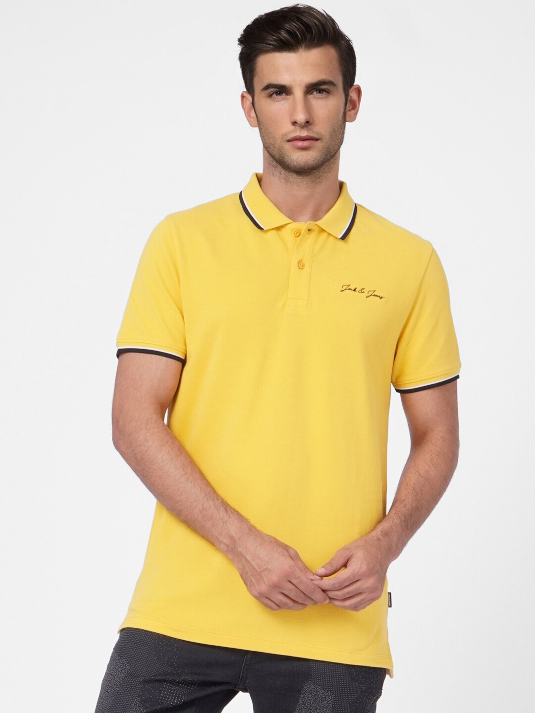 

Jack & Jones Men Yellow Polo Collar Cotton Slim Fit T-shirt