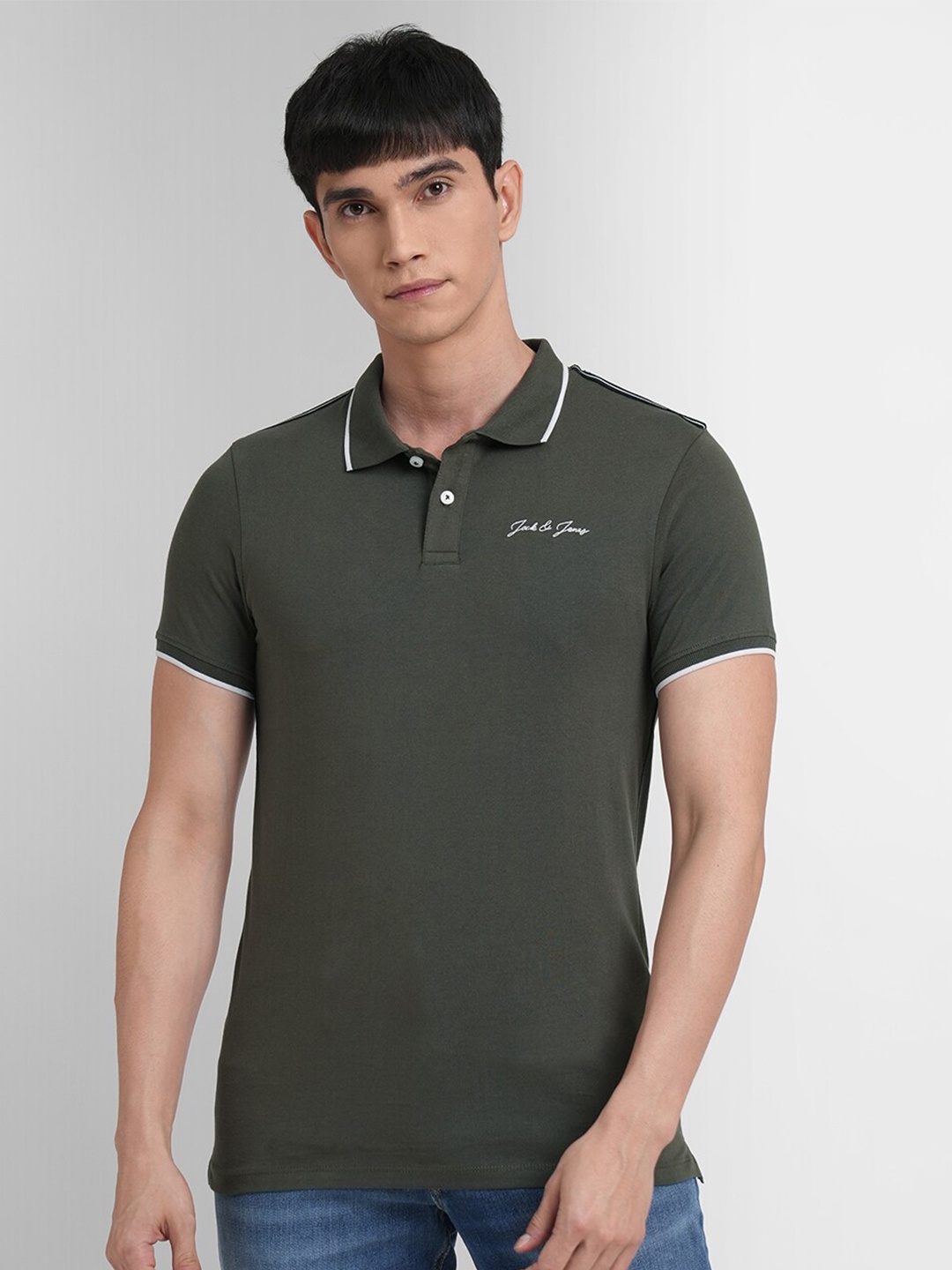 

Jack & Jones Men Green Polo Collar Cotton Slim Fit T-shirt