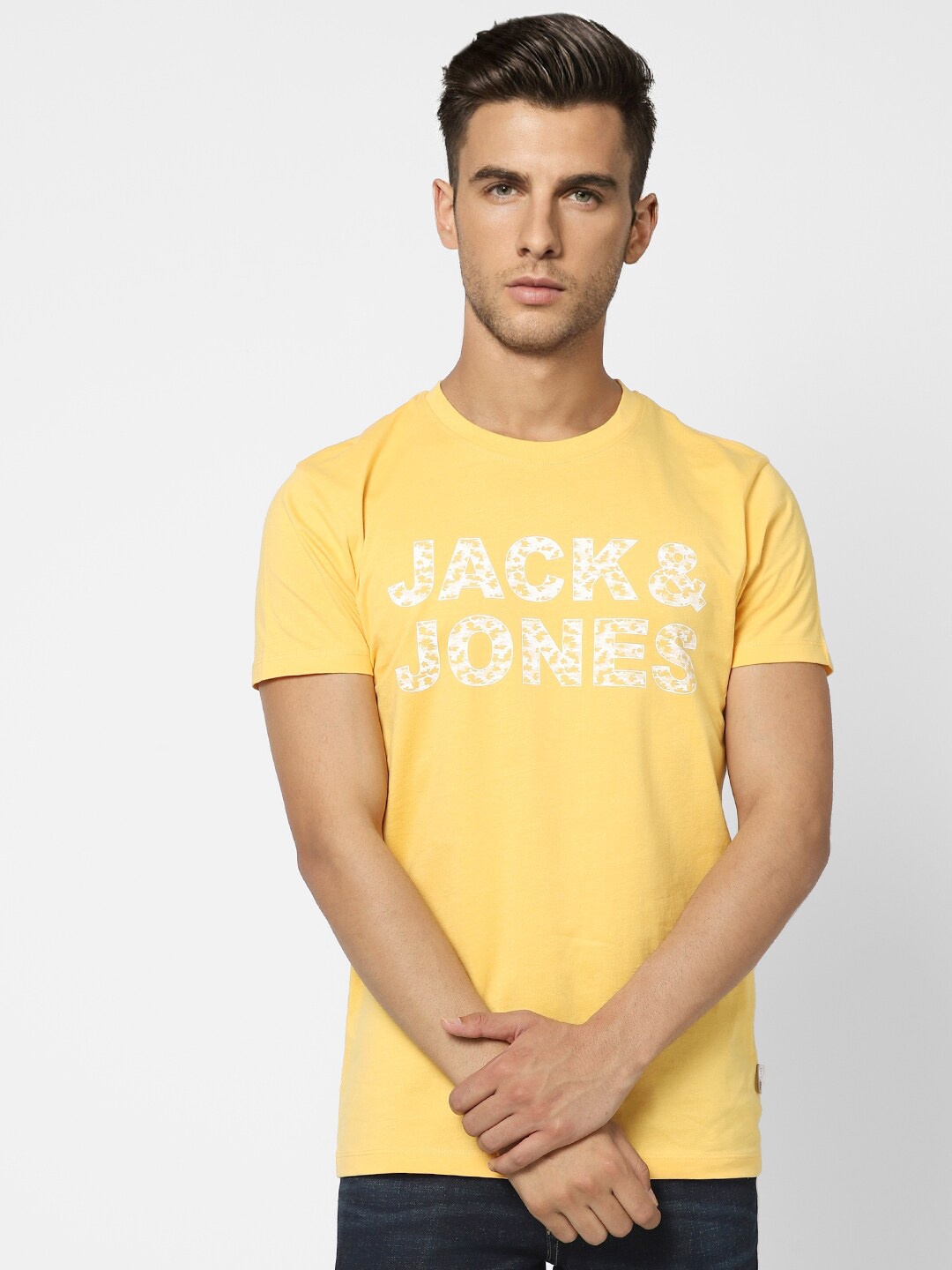 

Jack & Jones Men Yellow Typography Printed Cotton Slim Fit T-shirt