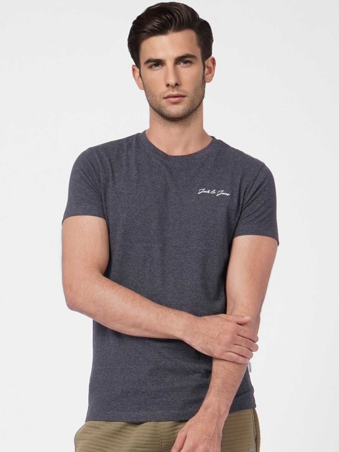 

Jack & Jones Men Grey Printed Cotton Slim Fit T-shirt