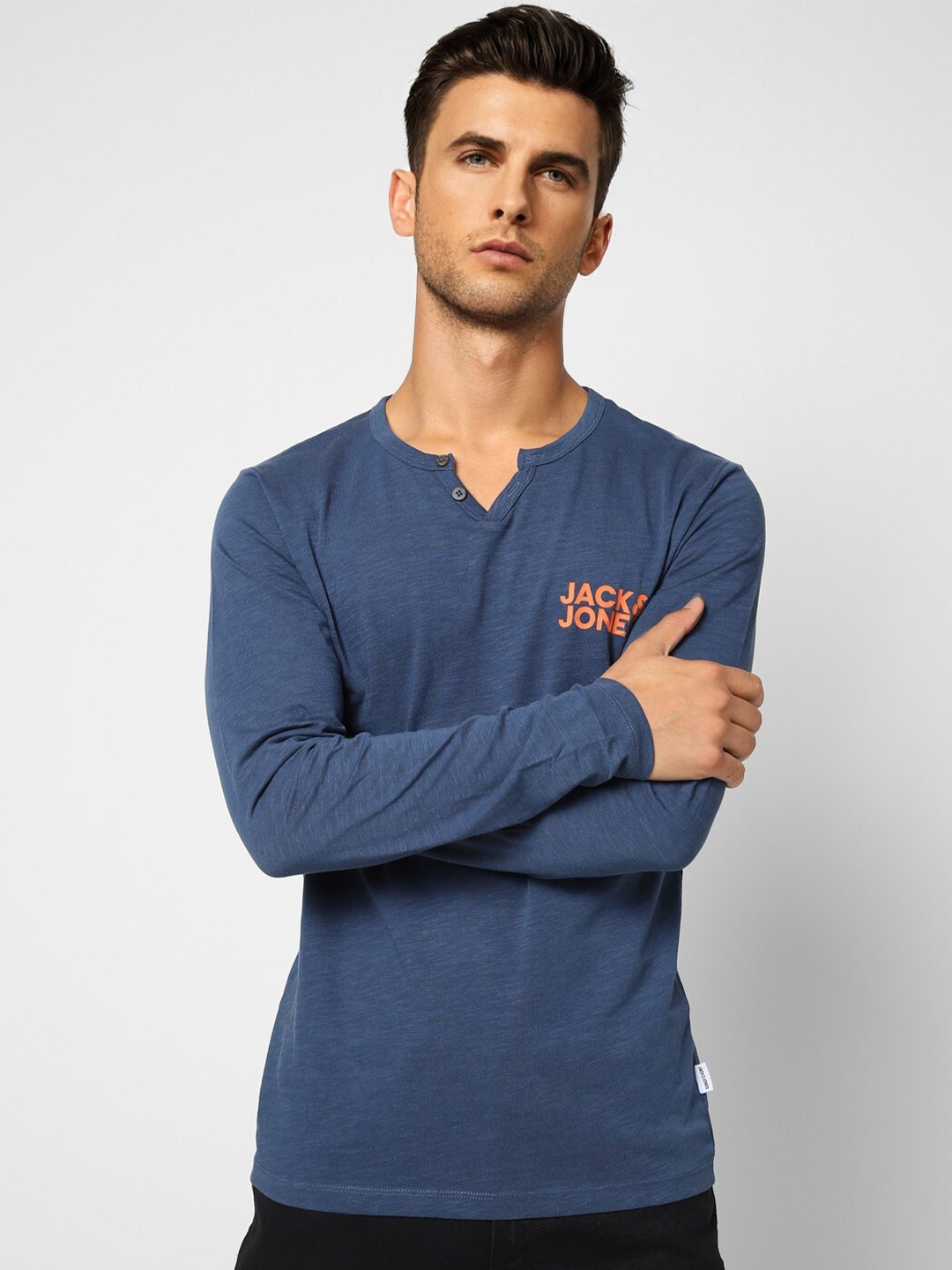 

Jack & Jones Men Blue Henley Neck Cotton T-shirt