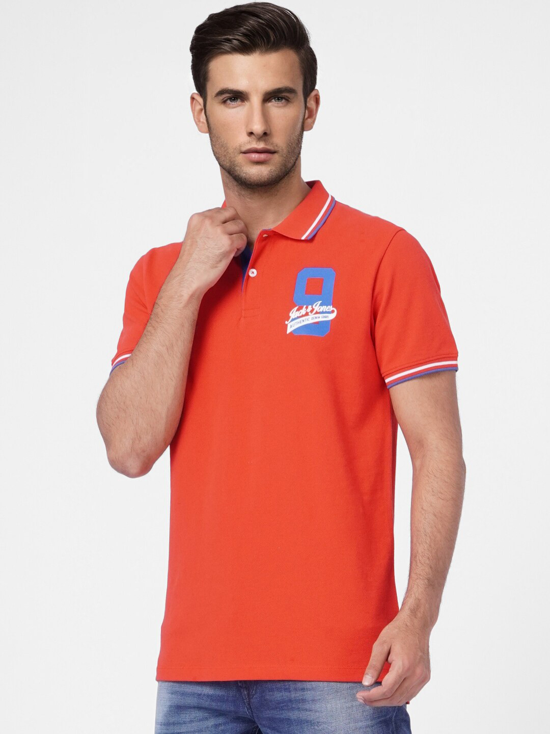 

Jack & Jones Men Red Polo Collar Cotton Slim Fit T-shirt