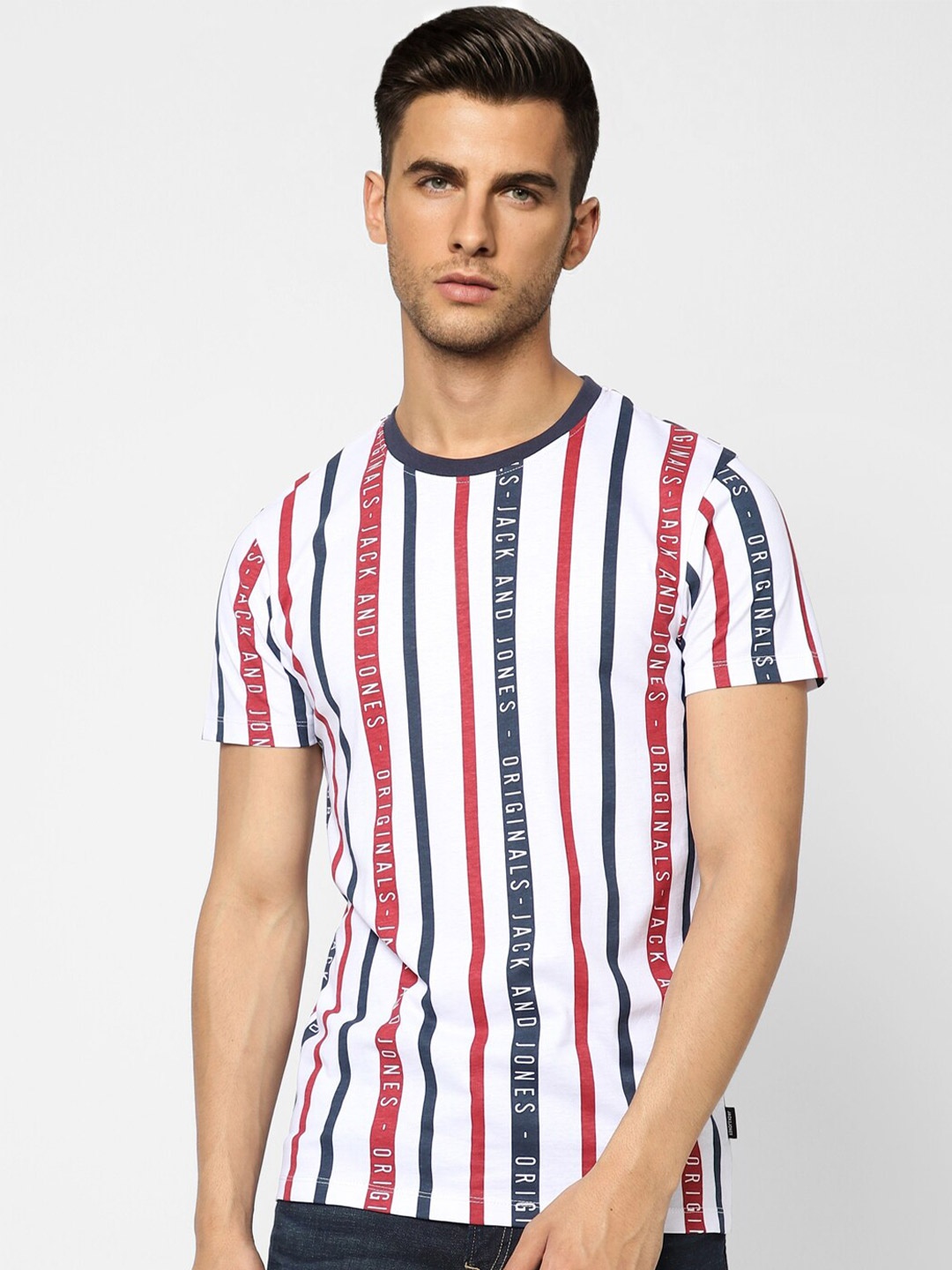 

Jack & Jones Men White & Red Striped Cotton T-shirt