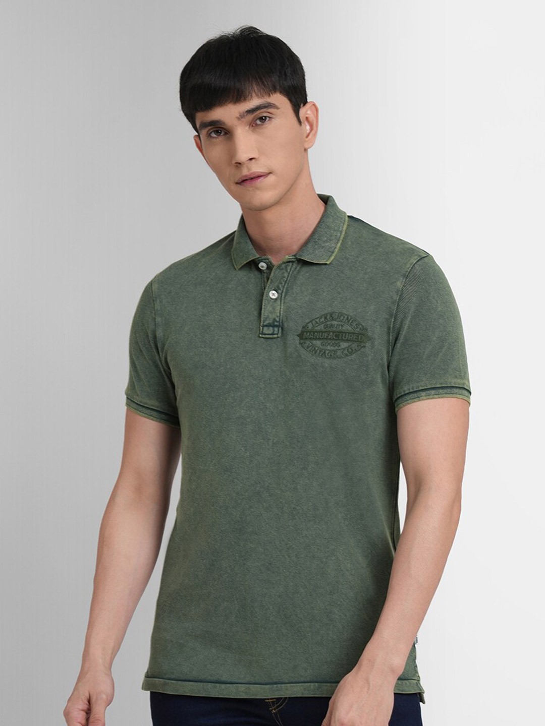

Jack & Jones Men Green Polo Collar Cotton Slim Fit T-shirt