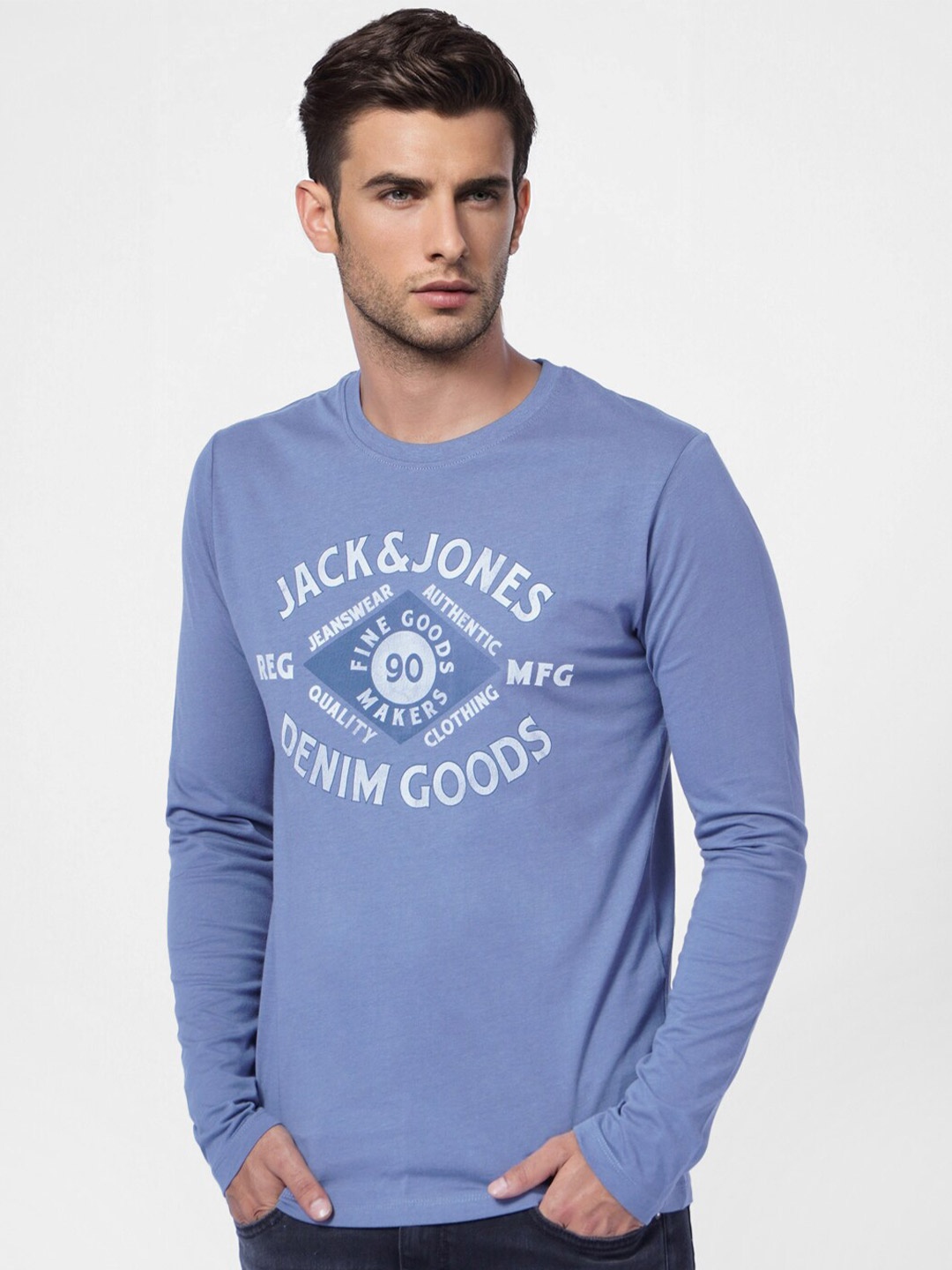 

Jack & Jones Men Blue Typography Printed Cotton Slim Fit T-shirt