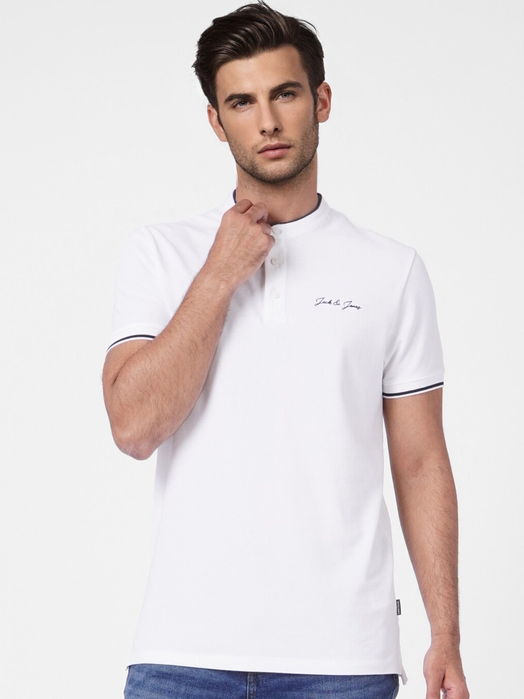 

Jack & Jones Men White Henley Neck Cotton Slim Fit T-shirt
