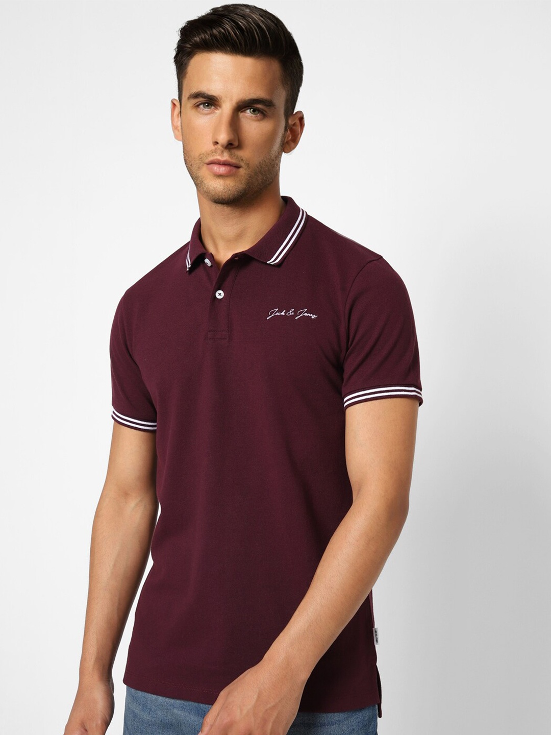 

Jack & Jones Men Maroon Polo Collar Cotton Slim Fit T-shirt