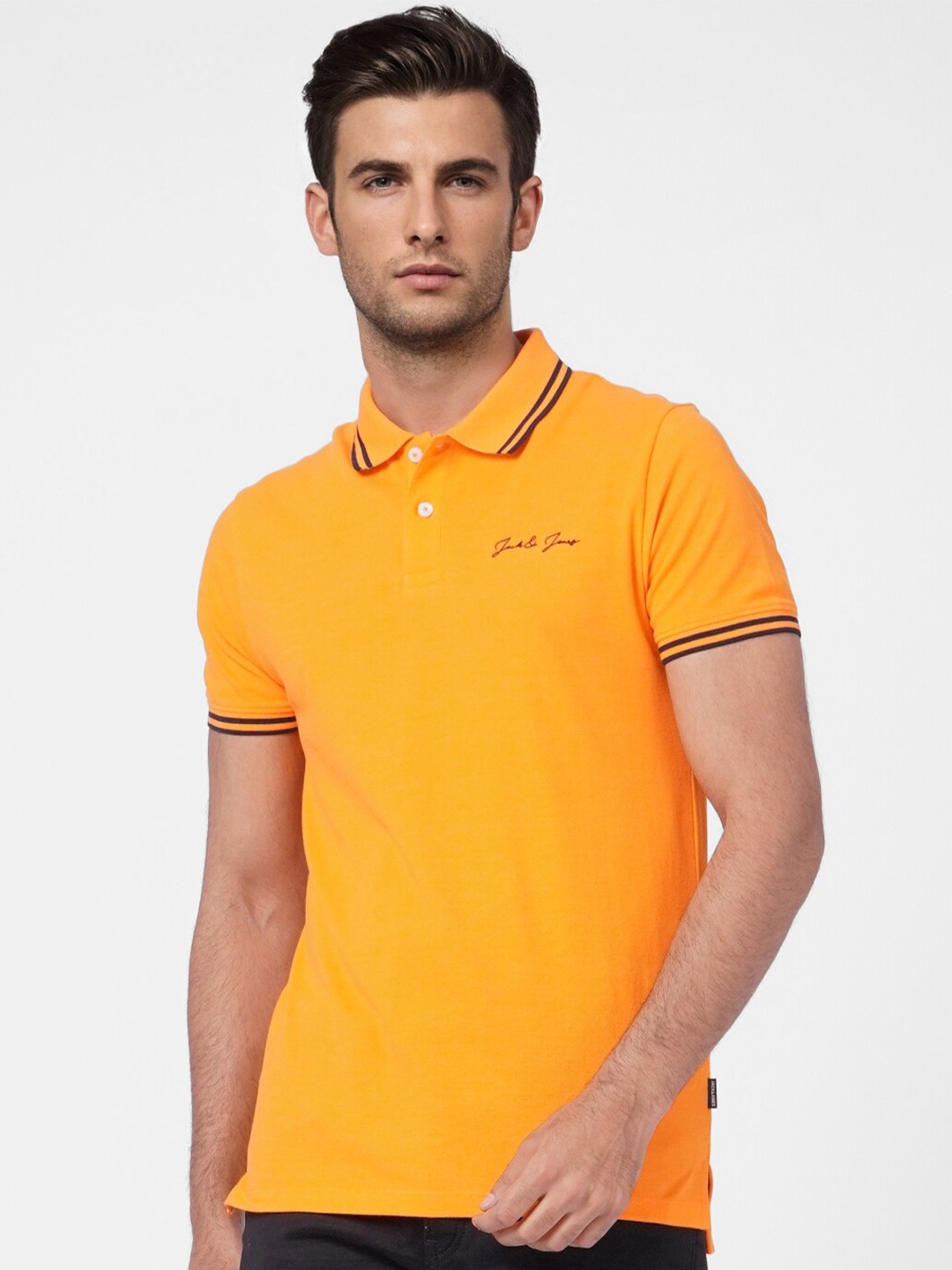 

Jack & Jones Men Orange Polo Collar Cotton Slim Fit T-shirt