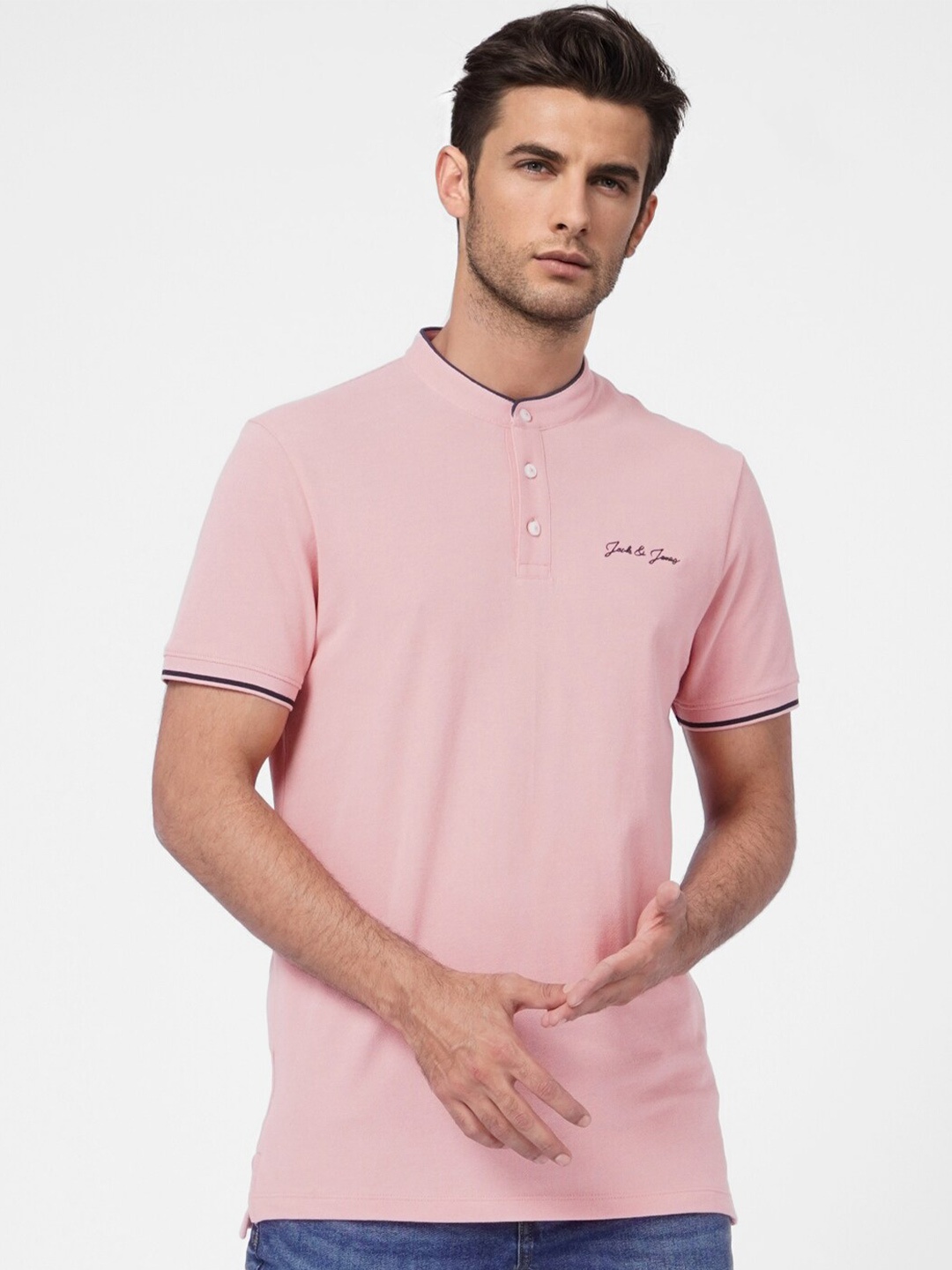 

Jack & Jones Men Pink Henley Neck Cotton Slim Fit T-shirt