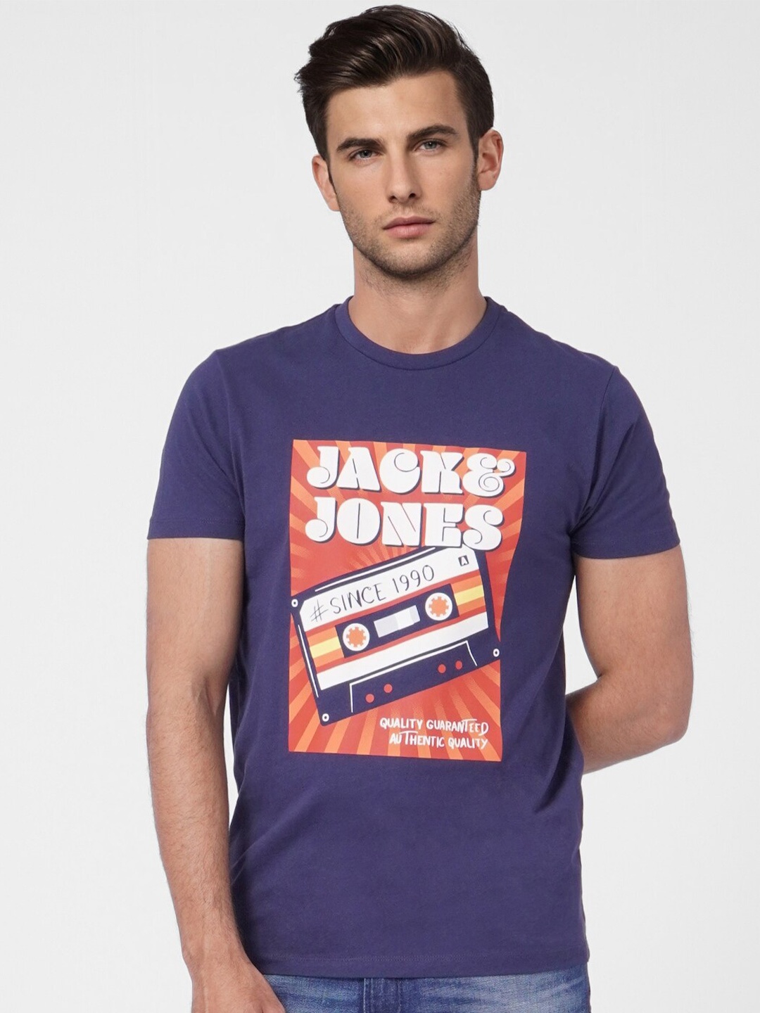 

Jack & Jones Men Blue Typography Printed Cotton Slim Fit T-shirt