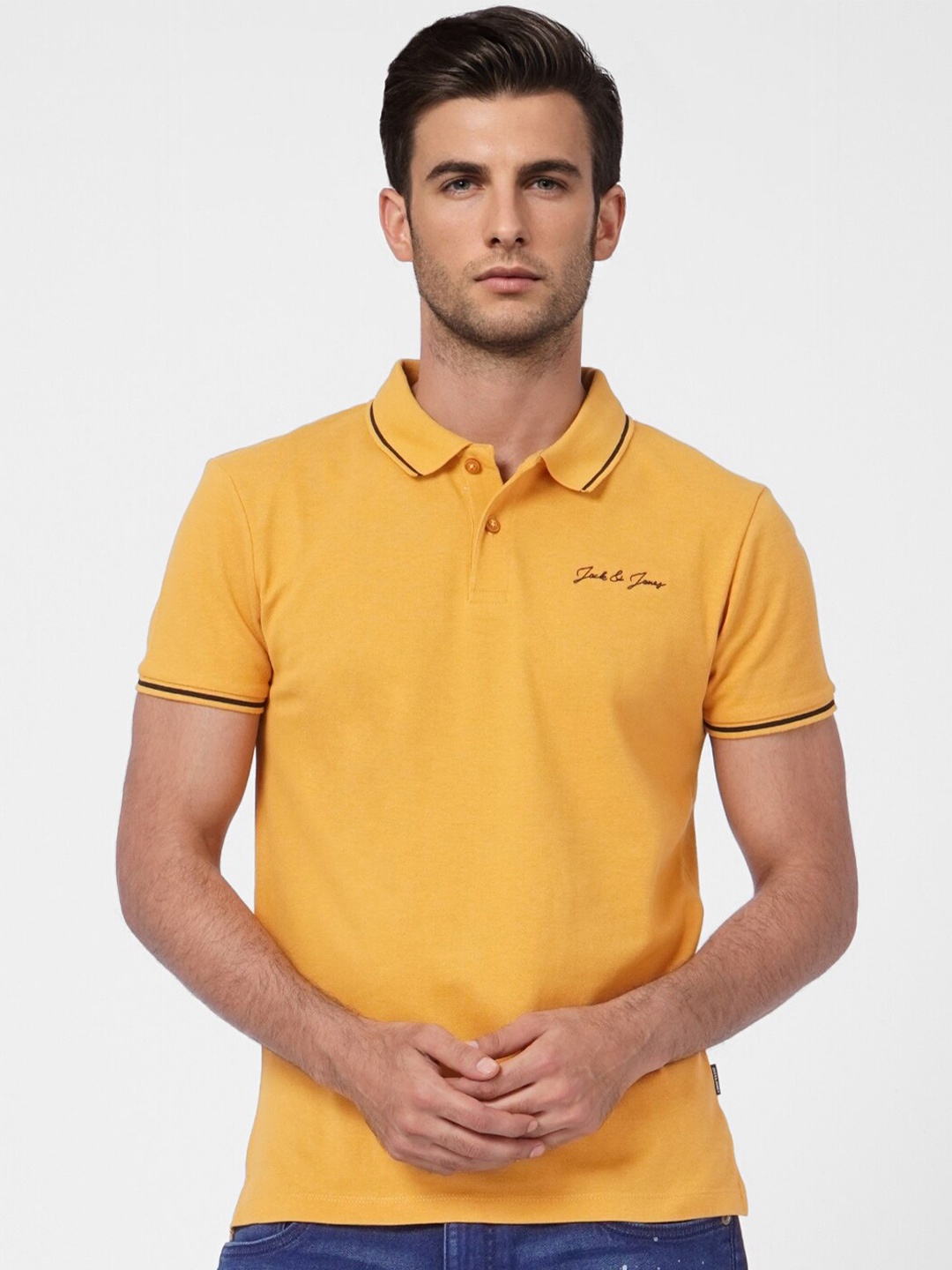 

Jack & Jones Men Yellow Polo Collar Cotton Slim Fit T-shirt