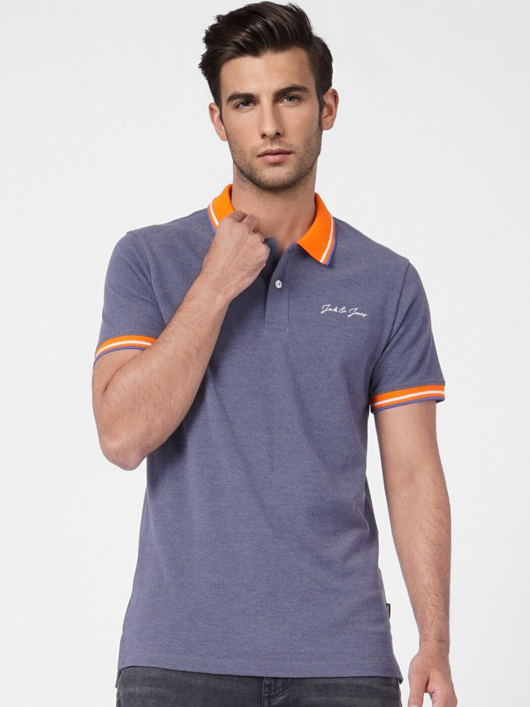 

Jack & Jones Men Grey Polo Collar Slim Fit T-shirt