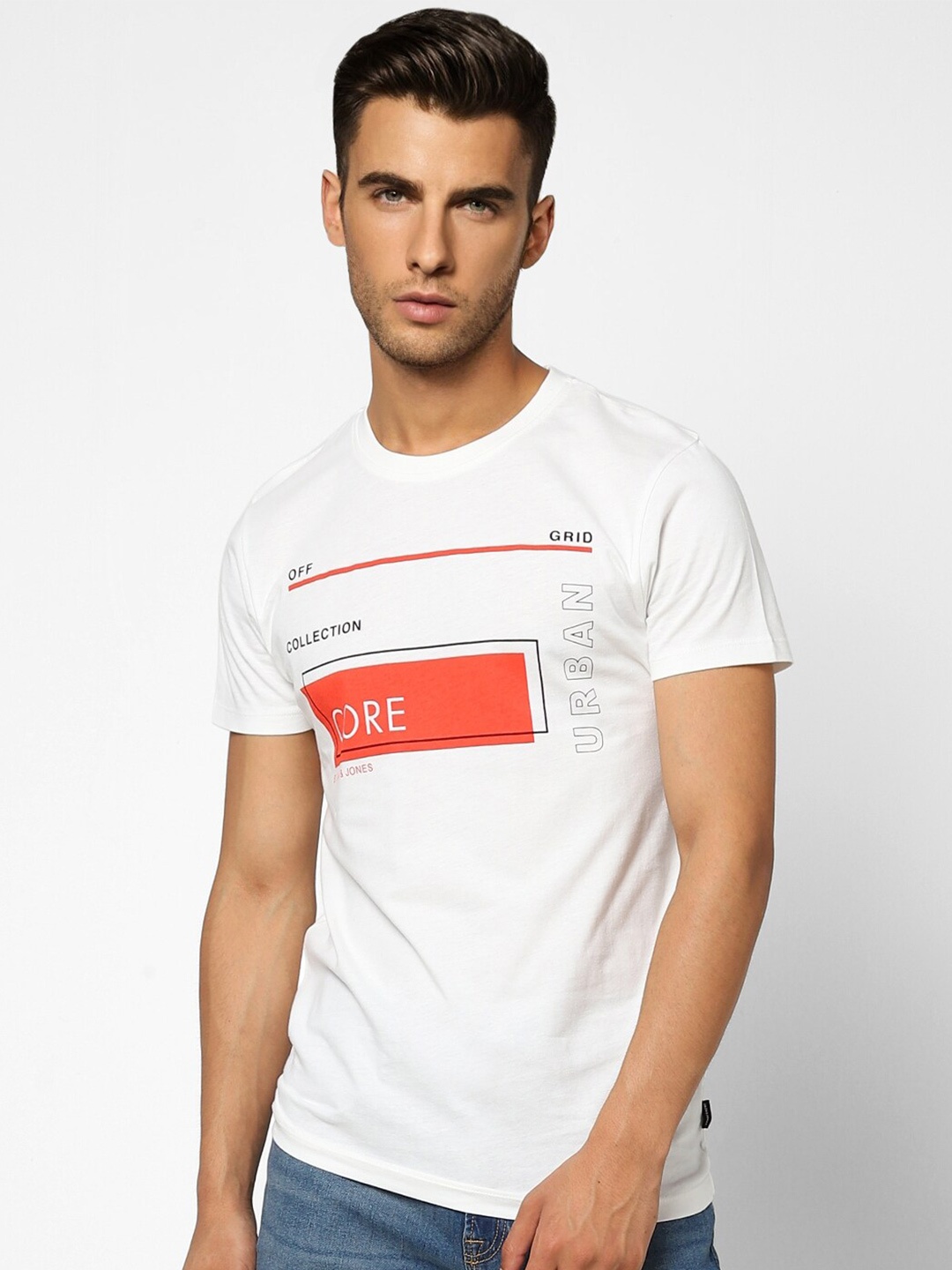 

Jack & Jones Men White Typography Printed Cotton Slim Fit T-shirt