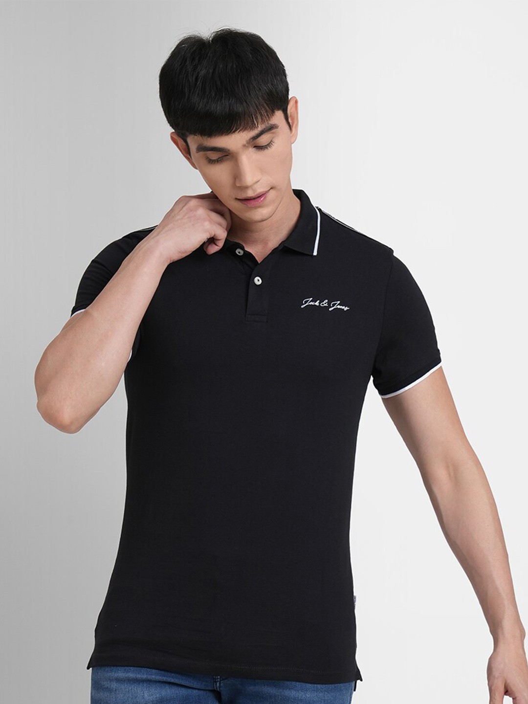 

Jack & Jones Men Black Polo Collar Slim Fit T-shirt