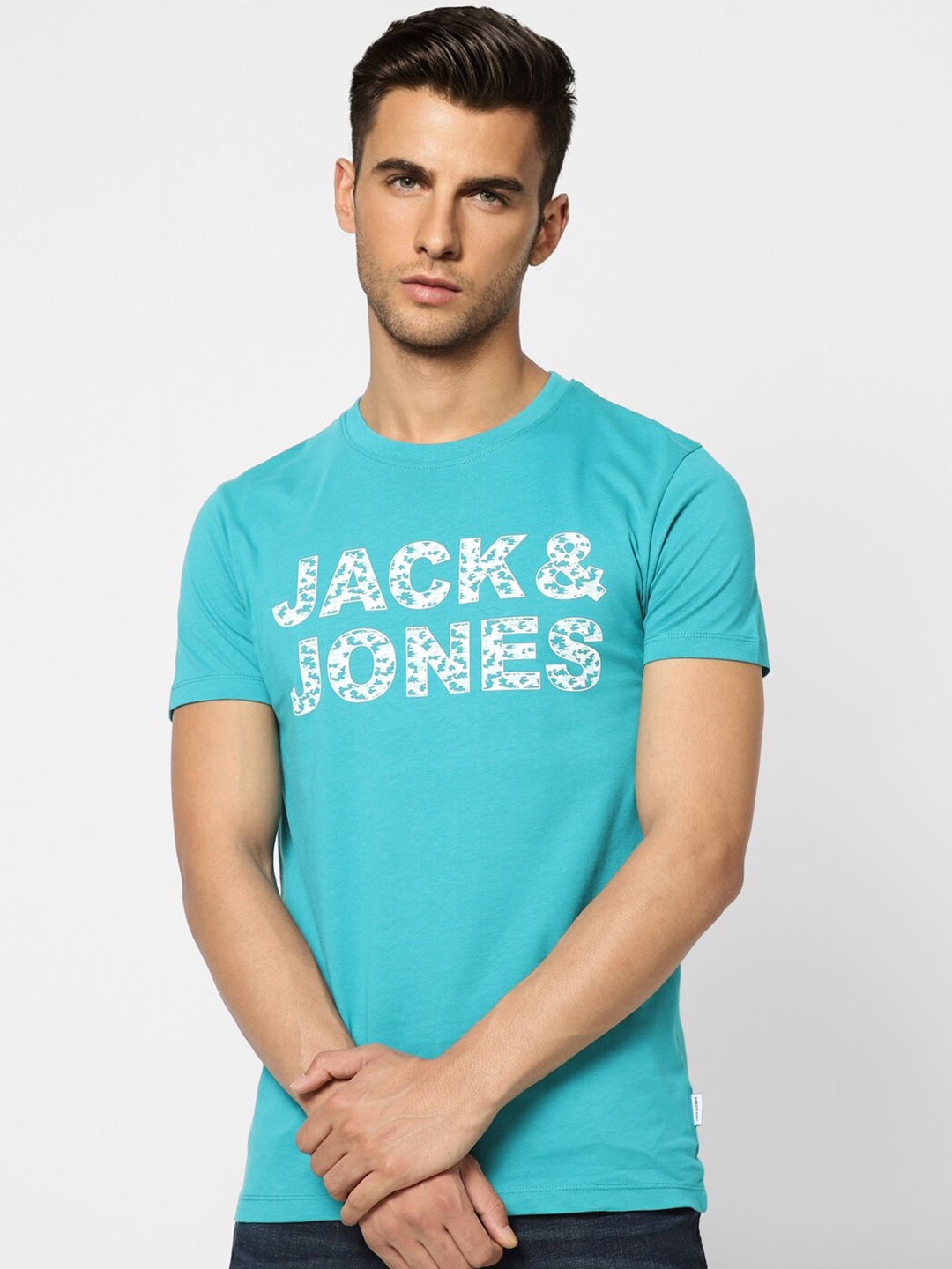 

Jack & Jones Men Blue Typography Printed Cotton Slim Fit T-shirt