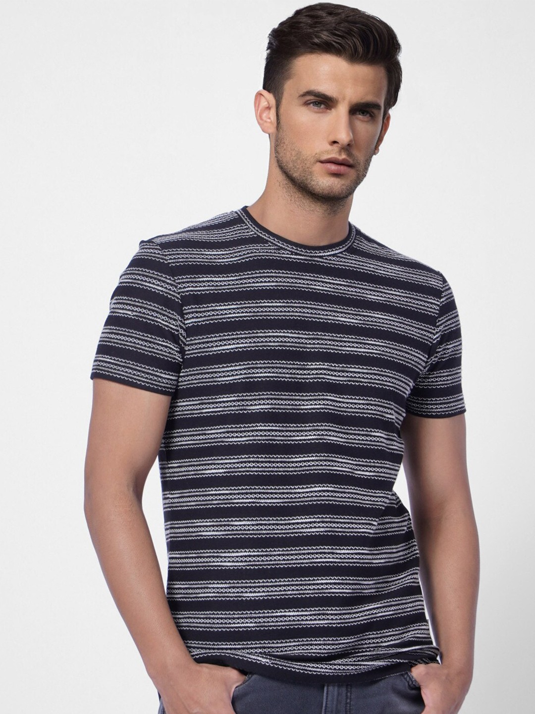 

Jack & Jones Men Black & Grey Striped Cotton Slim Fit T-shirt