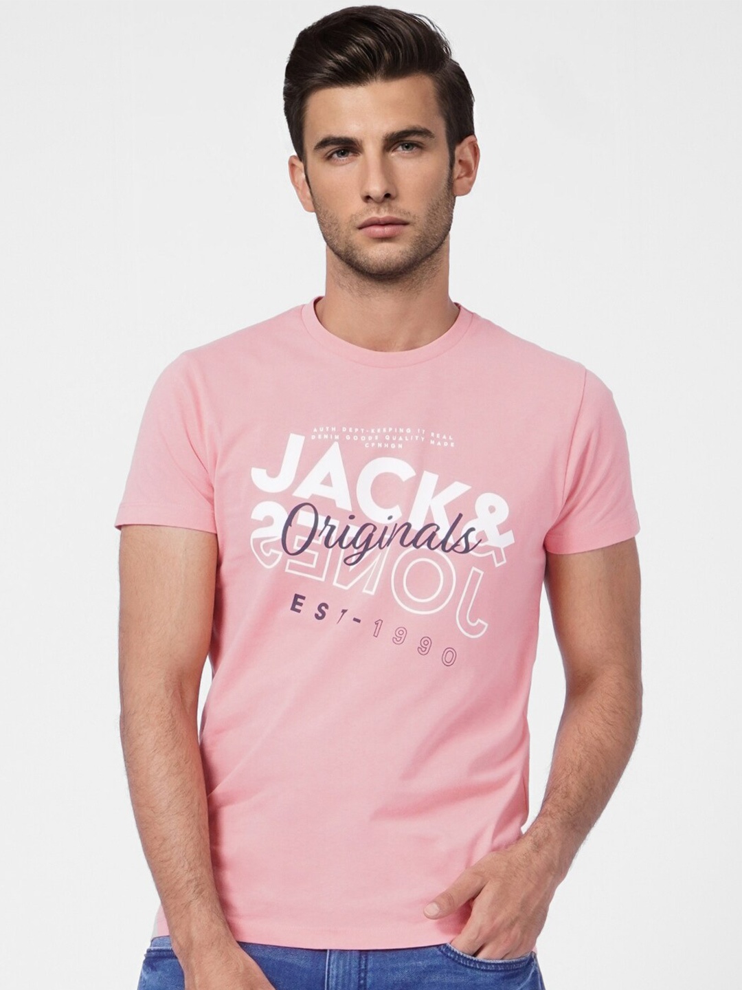 

Jack & Jones Men Pink Typography Printed Cotton Slim Fit T-shirt