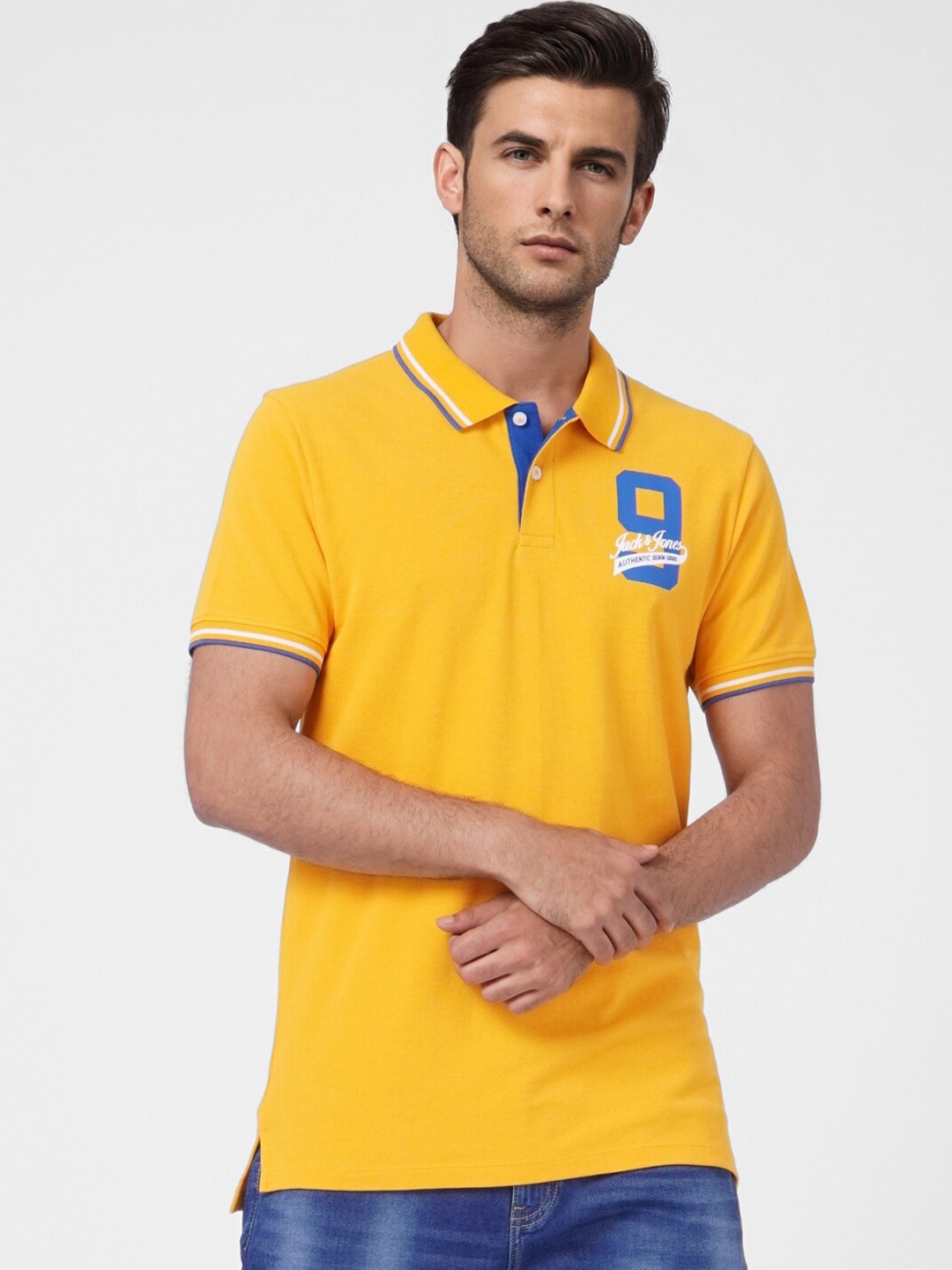 

Jack & Jones Men Yellow Cotton Typography Printed Polo Collar T-shirt