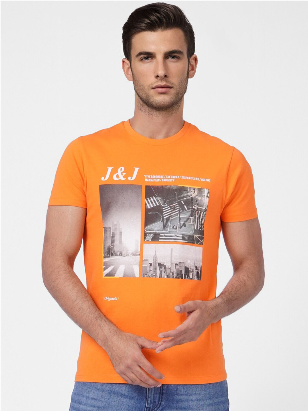 

Jack & Jones Men Orange Printed Cotton Slim Fit T-shirt