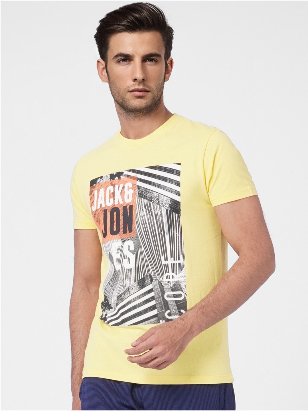 

Jack & Jones Men Yellow Typography Printed Cotton Slim Fit T-shirt