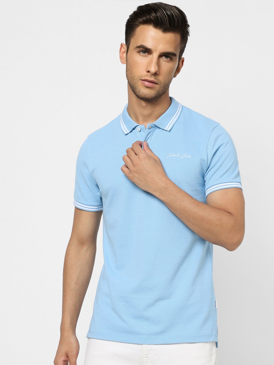 

Jack & Jones Men Blue Polo Collar Cotton Slim Fit T-shirt