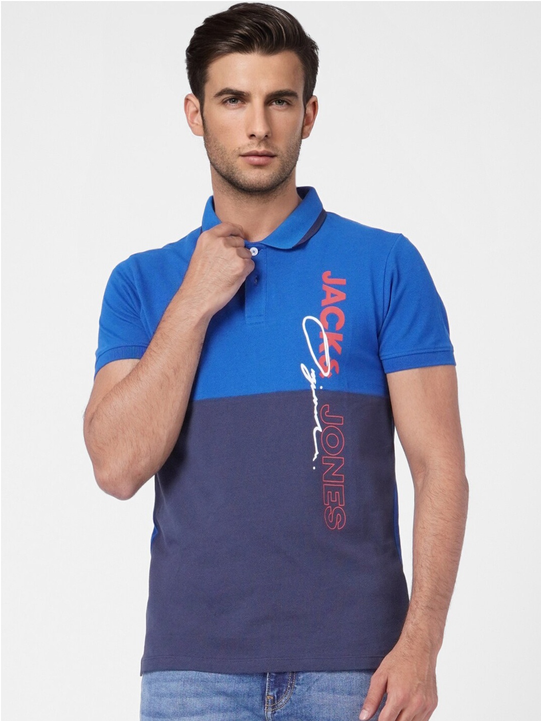 

Jack & Jones Men Blue Colourblocked Polo Collar Cotton Slim Fit T-shirt