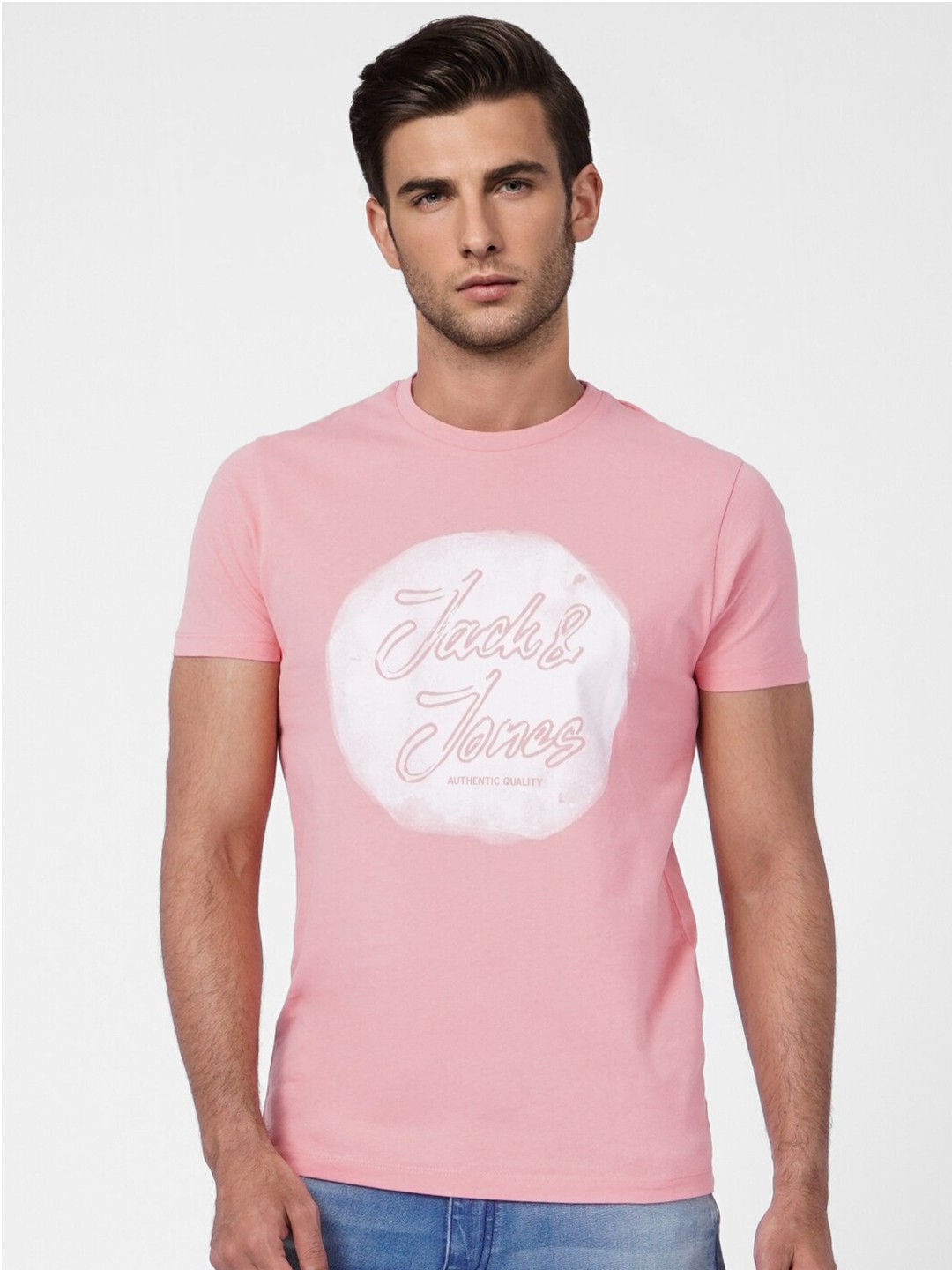 

Jack & Jones Men Pink Typography Printed Cotton Slim Fit T-shirt