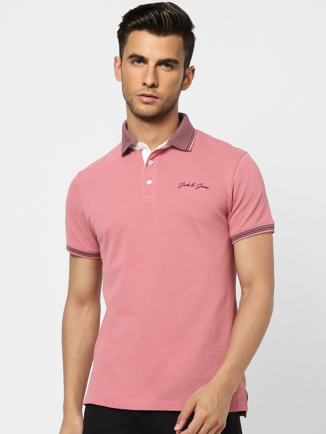 

Jack & Jones Men Pink Polo Collar Cotton Slim Fit T-shirt